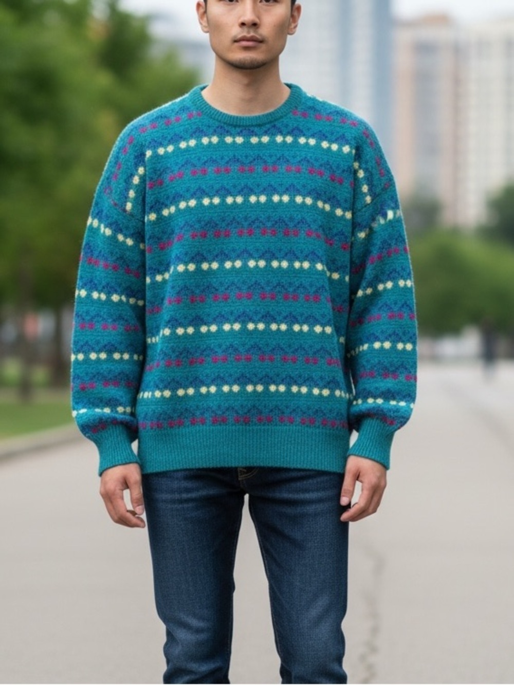 Vintage Pitlochry Scotland Pure Wool Fair Isle Teal Pink Sweater Womens Large